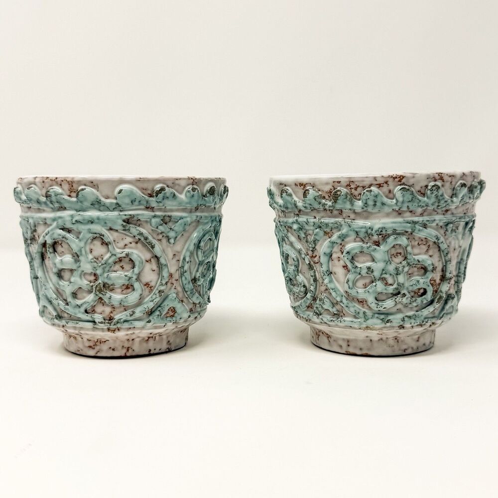 Vintage Italian Handmade Studio Pottery Cachepots Pair Turquoise Relief Planters